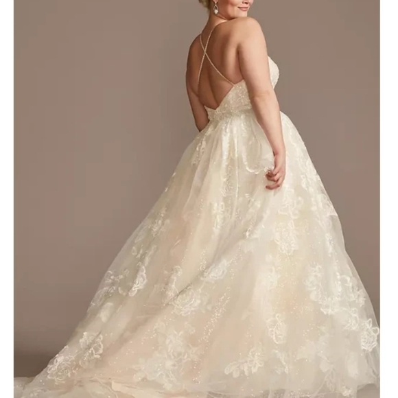 US26W OLEG CASSINI large floral applique beaded strap wedding dress - Picture 2 of 7